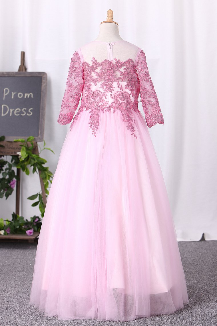Flower Girl Dresses Ball Gown Scoop 3/4 Length Sleeves Tulle Floor Length With Appliques