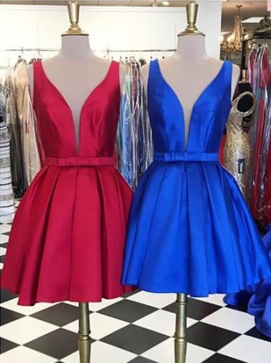 A-line Knee-Length V-neck Satin Red/Blue Ribbon Homecoming Dress WK457