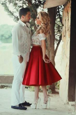 Two Piece Red Satin Lace Off-the-shoulder White Short Sleeve Tea-Length Party Dresses WK59