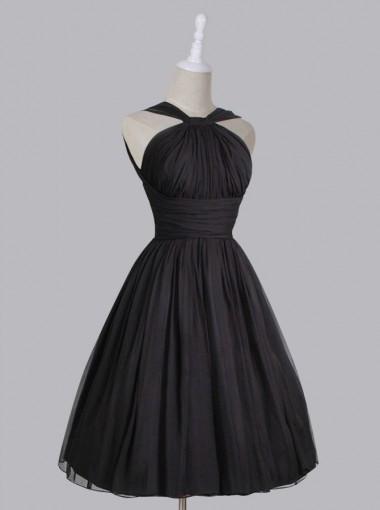 Vintage A-line Straps Knee-Length Chiffon Sash Backless Black Party Homecoming Dresses WK448