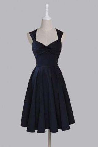 Simple Sweetheart Sleeveless Tea-Length Ruched Dark Navy Taffeta Homecoming Dresses WK459