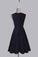 Simple Sweetheart Sleeveless Tea-Length Ruched Dark Navy Taffeta Homecoming Dresses WK459
