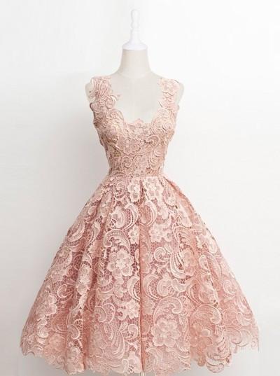Vintage A-line Scalloped-Edge Knee-Length Lace Light Pink Prom Homecoming Dress WK874