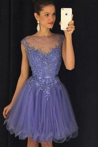 Stunning Bateau Cap Sleeves Short Lavender Homecoming Dress with Appliques Pearls WK449