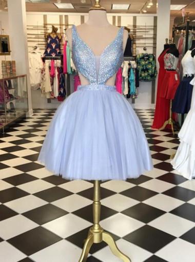 Dramatic V-neck Sleeveless Short Lavender Ball Gown Homecoming Dress Beaded WK451
