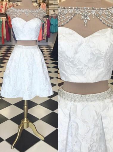 Trendy Two Piece Bateau Cap Sleeves Short White Homecoming Dress Beading Lace WK454
