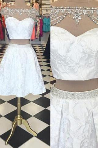 Trendy Two Piece Bateau Cap Sleeves Short White Homecoming Dress Beading Lace WK454