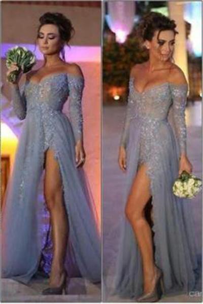 Charming Off the Shoulder Appliques Grey Long-Sleeves Evening Dress Elegant Prom Gowns WK79