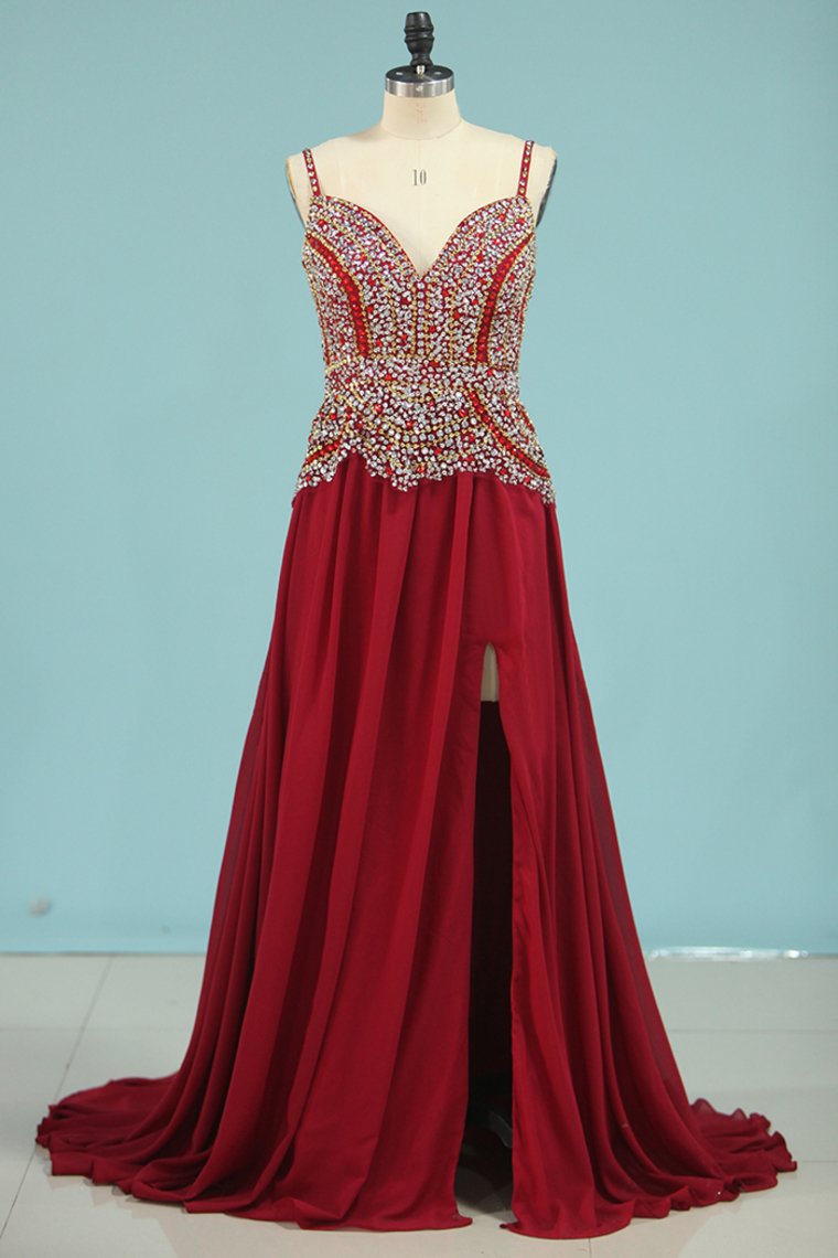 Spaghetti Straps Prom Dresses A Line With Beads And Slit Chiffon