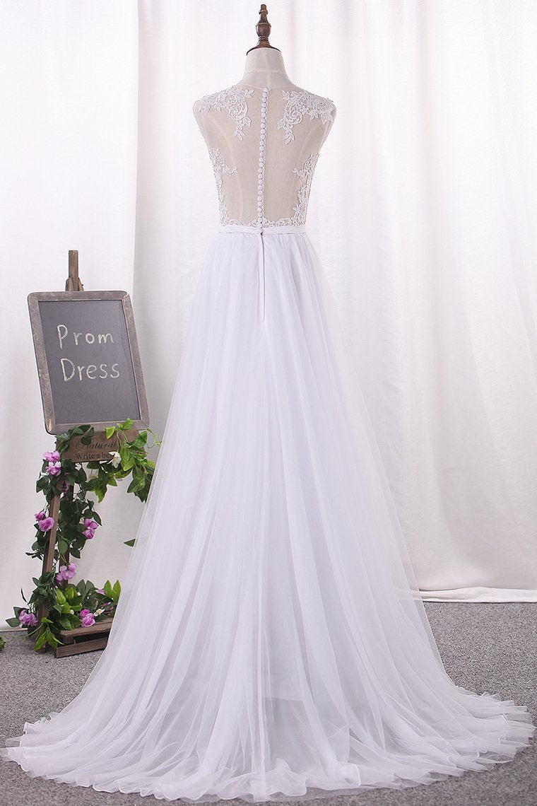 A Line Tulle Scoop With Applique And Slit Wedding Dresses