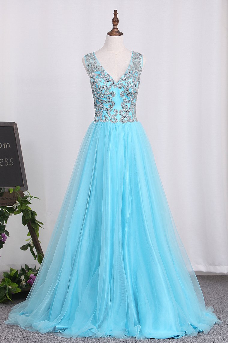 V Neck Open Back A Line With Beading Tulle Prom Dresses