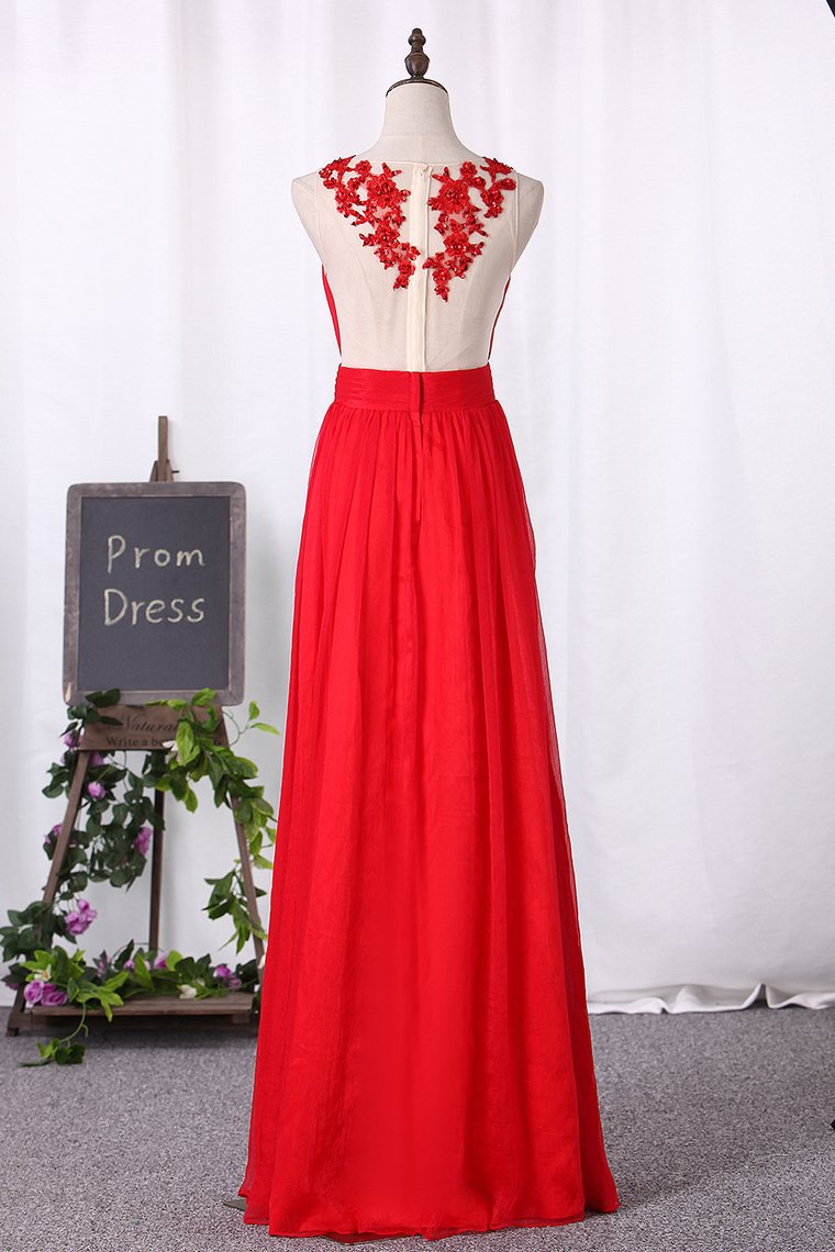A Line Prom Dresses Chiffon Scoop With Ruffles And Applique