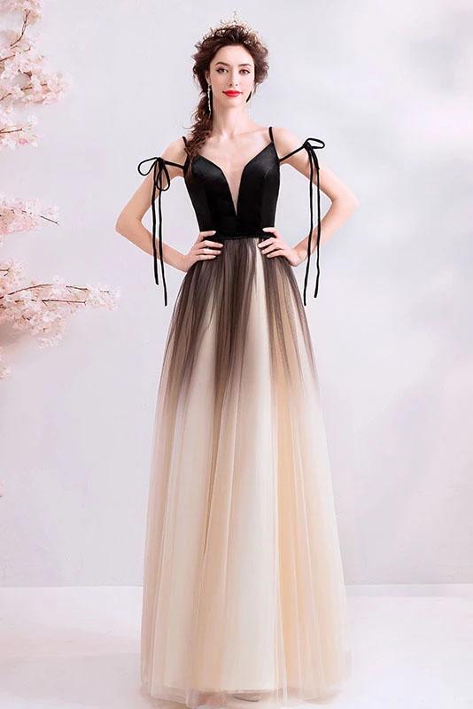 Spaghetti Straps Black Deep V Neck Formal Dress, Floor Length Tulle Ombre Prom Dresses SWK15409
