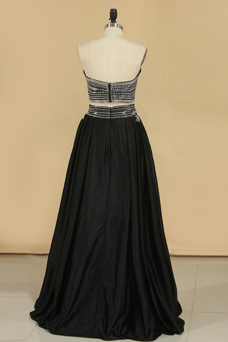 New Arrival Strapless Two-Piece Satin With Beads A Line Prom Dresses