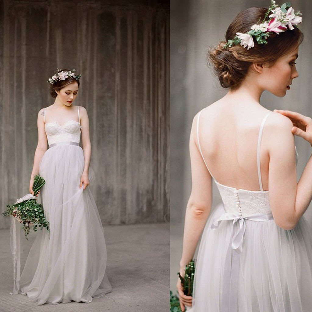 Spaghetti Straps Lace Top Light Grey A-line Tulle Simple Design Beach Wedding Dresses WK513