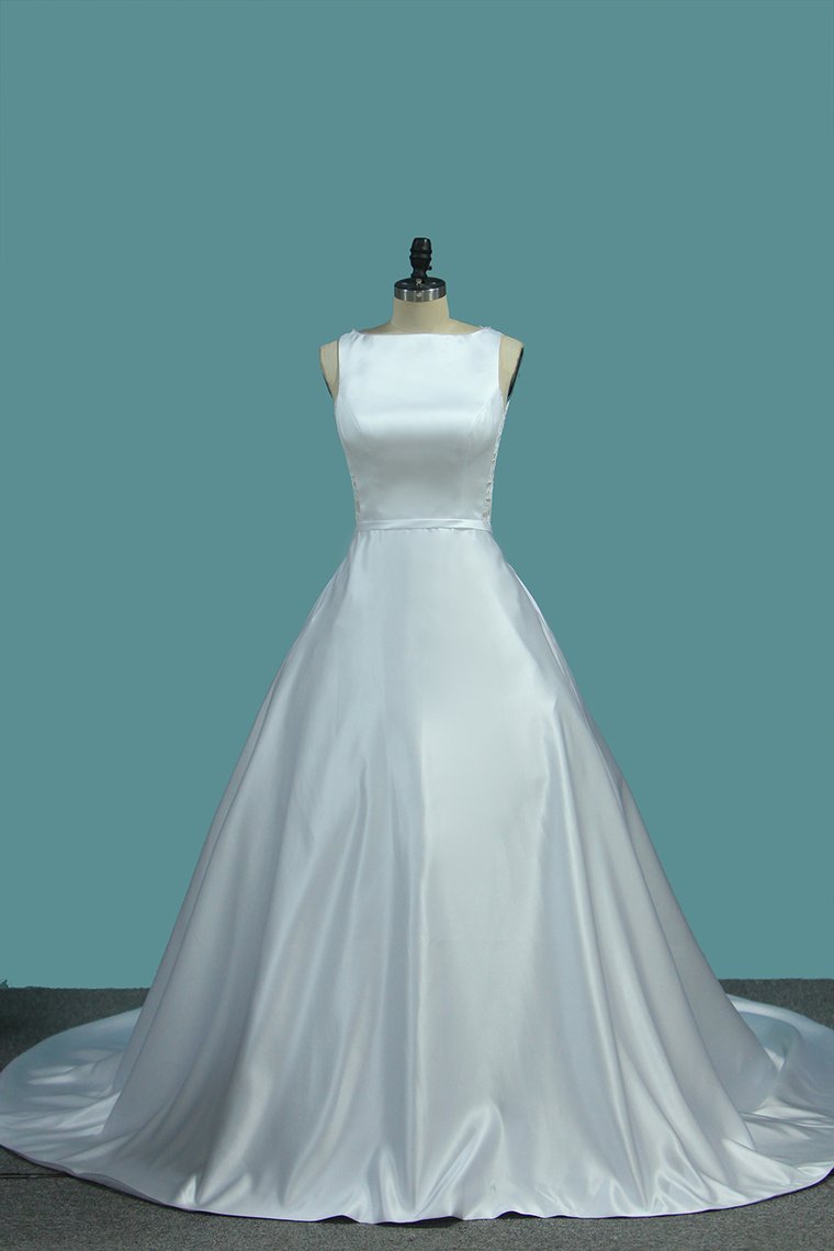 A Line Scoop Satin Wedding Dresses With Pocket Court Train