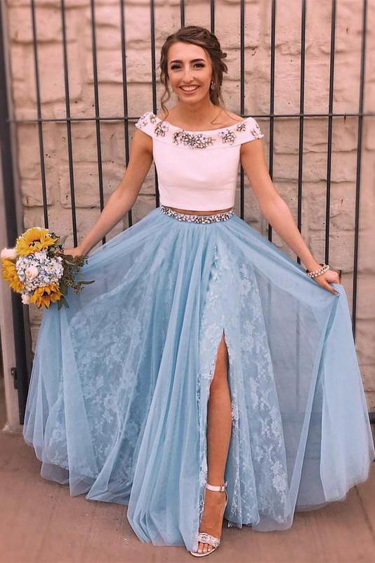 Two Piece Sky Blue Lace Thigh Split Off the Shoulder Prom Dresses with Rhinestone WK95