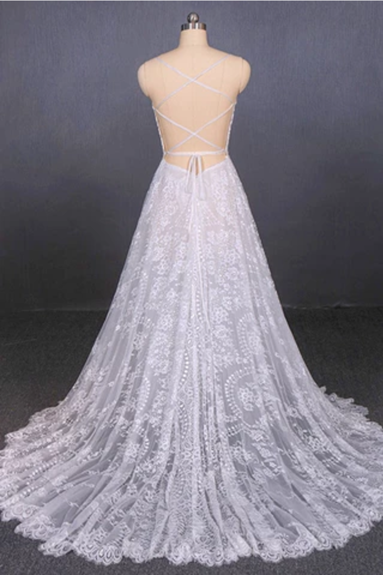 Spaghetti Straps Sweetheart Lace Wedding Dresses, Lace Bridal Dresses With Long Train