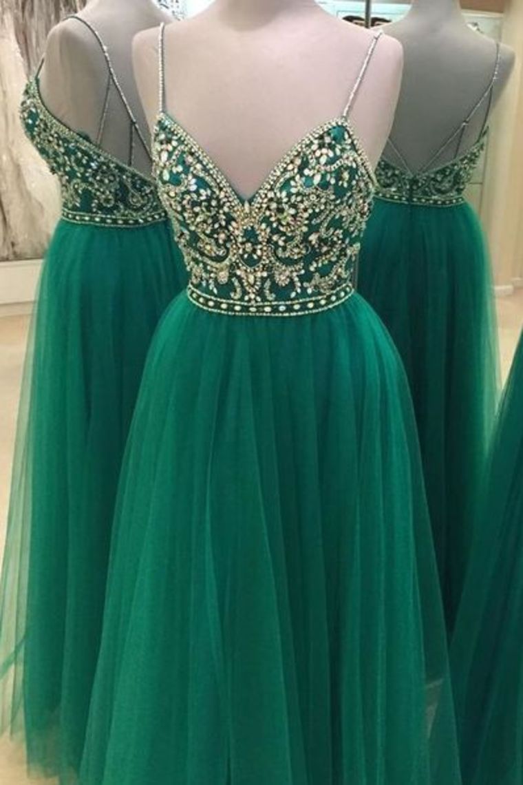 A Line Spaghetti Straps Prom Dresses Tulle Beaded Bodice Zipper Up