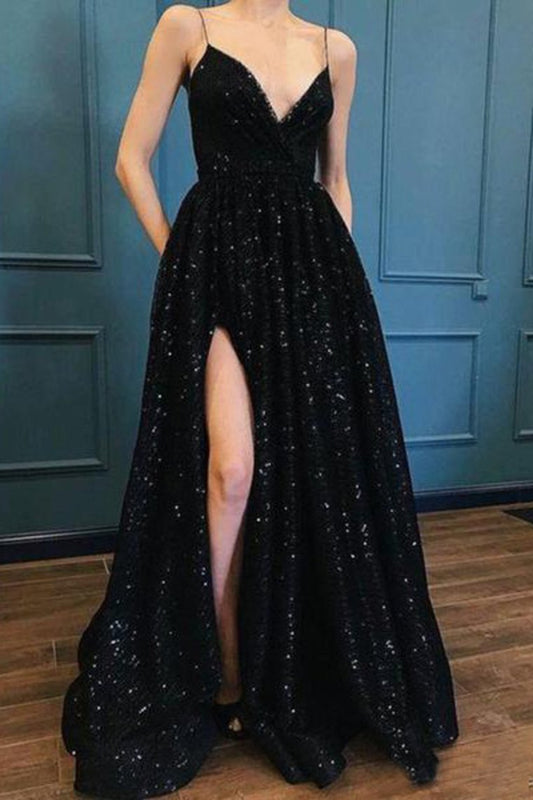 Sparkle Sequin Spaghetti Strap Black Long Prom Dresses With Slit Evening Dress