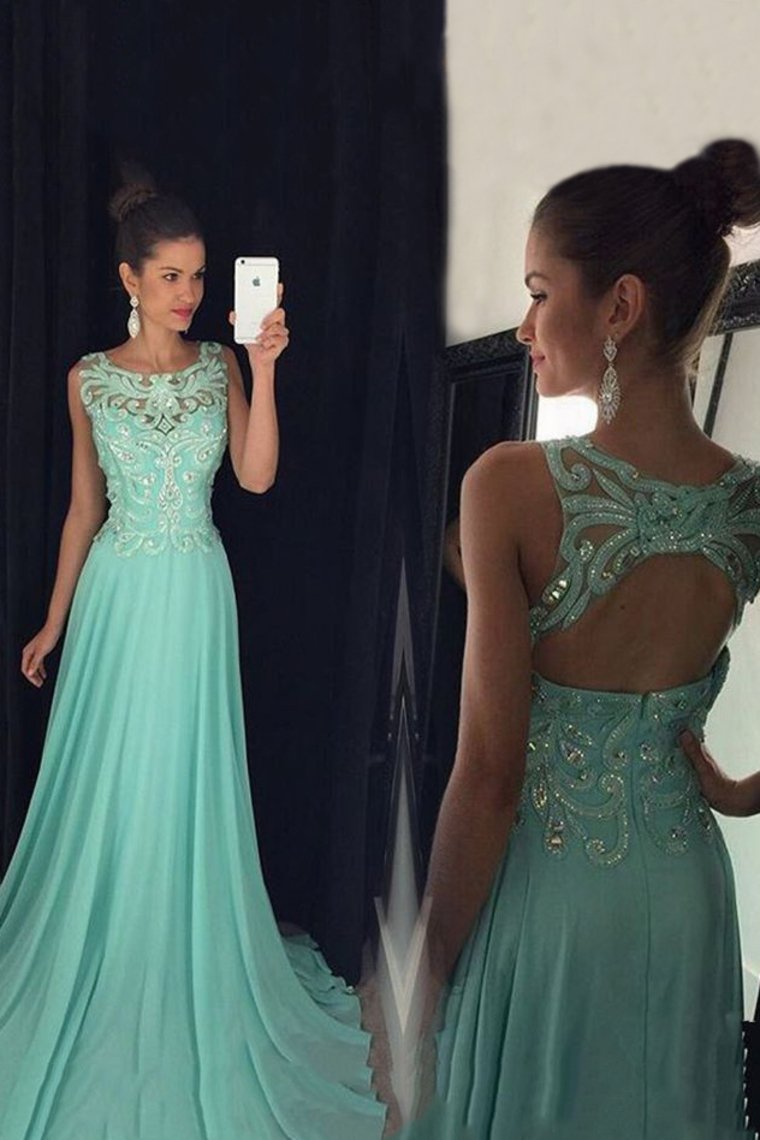 Chiffon Scoop Prom Dresses A Line With Applique And Beads Open Back