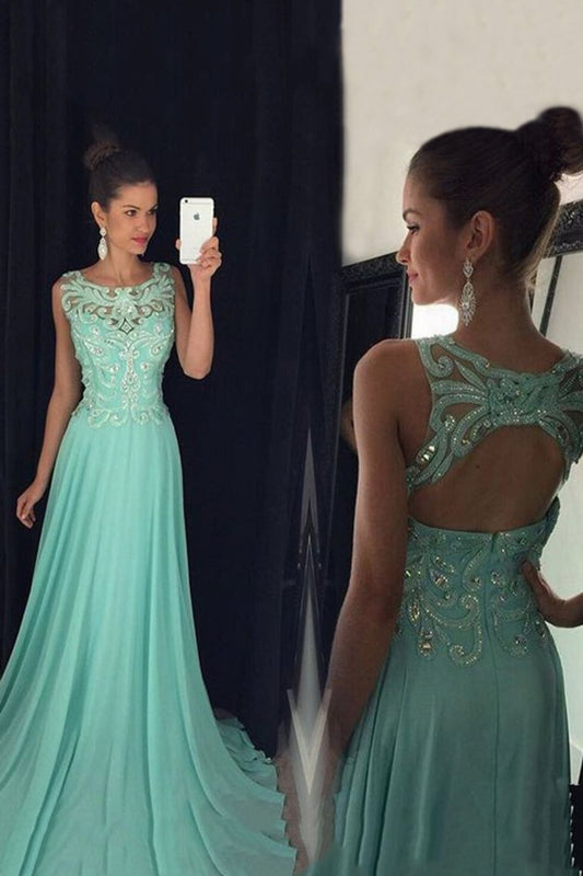 Chiffon Scoop Prom Dresses A Line With Applique And Beads Open Back