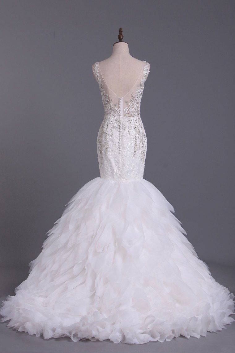 Wedding Dresses Bateau Mermaid Tulle With Applique & Beads