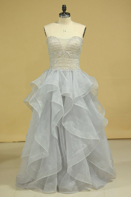 Plus Size Strapless Prom Dresses Organza With Beading Floor Length