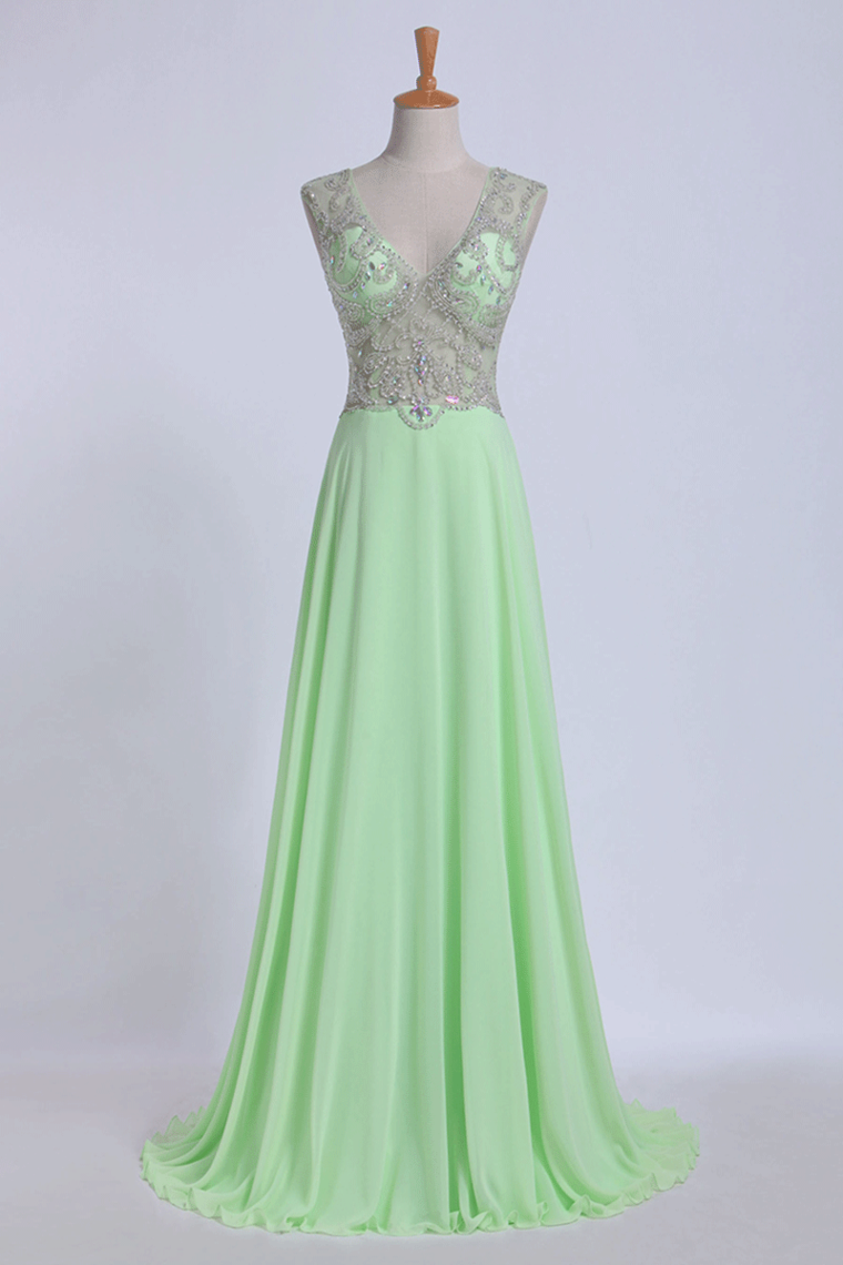 V-Neck Prom Dresses A-Line/Princess With Beads Chiffon&Tulle