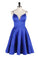 A Line Spaghetti Straps Royal Blue V Neck Backless Satin Knee Length Homecoming Dresses WK838