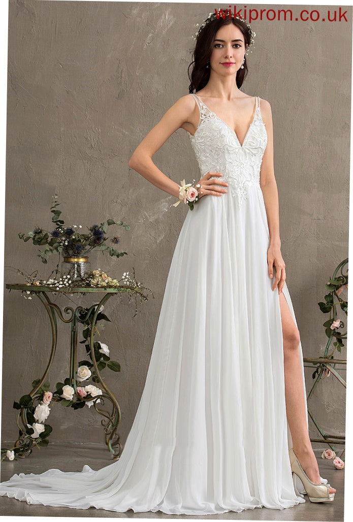 Chiffon Split Train With Wedding Dresses Beading Sweep Cierra A-Line Sequins Wedding Front Dress V-neck Lace