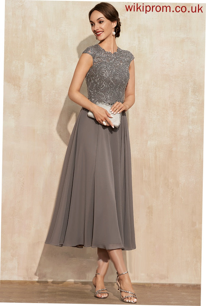 Chiffon With Scoop Mother of the Bride Dresses A-Line Dress Tea-Length Beading Bride Neck Precious Lace of Mother the
