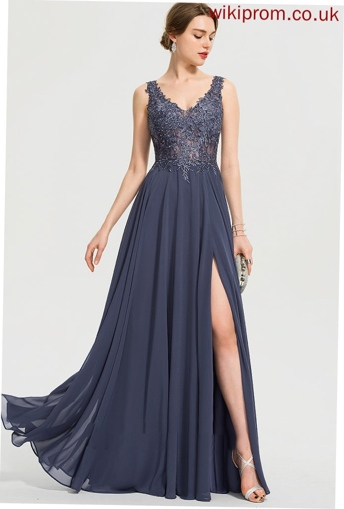 Chiffon Sequins Yasmine A-Line Beading Floor-Length Front V-neck With Prom Dresses Split