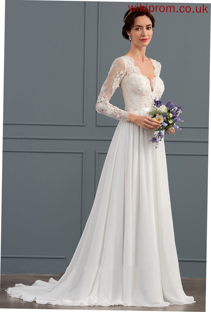 Chiffon Sweep A-Line Wedding Dresses Train V-neck Wedding Christine Sequins Beading Lace With Dress