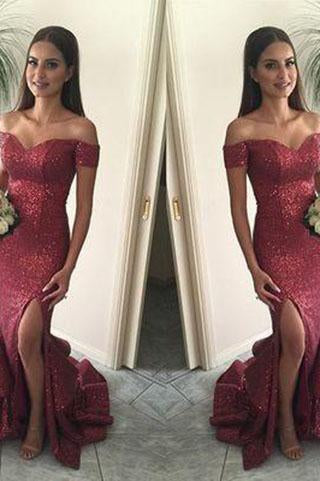 Red Mermaid Long Sequin Sexy Sweetheart Off-the-Shoulder Backless Custom Prom Dresses WK978