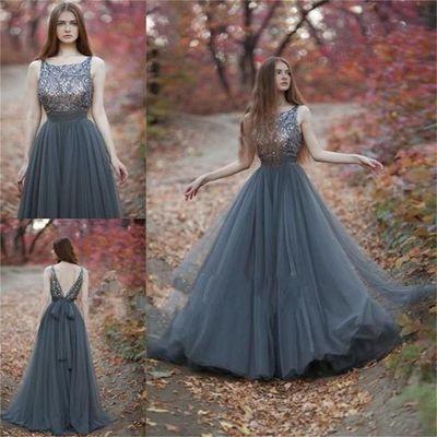 V-Back Tulle Gray Charming Popular Pretty Evening Long Prom Dresses Online PD0140