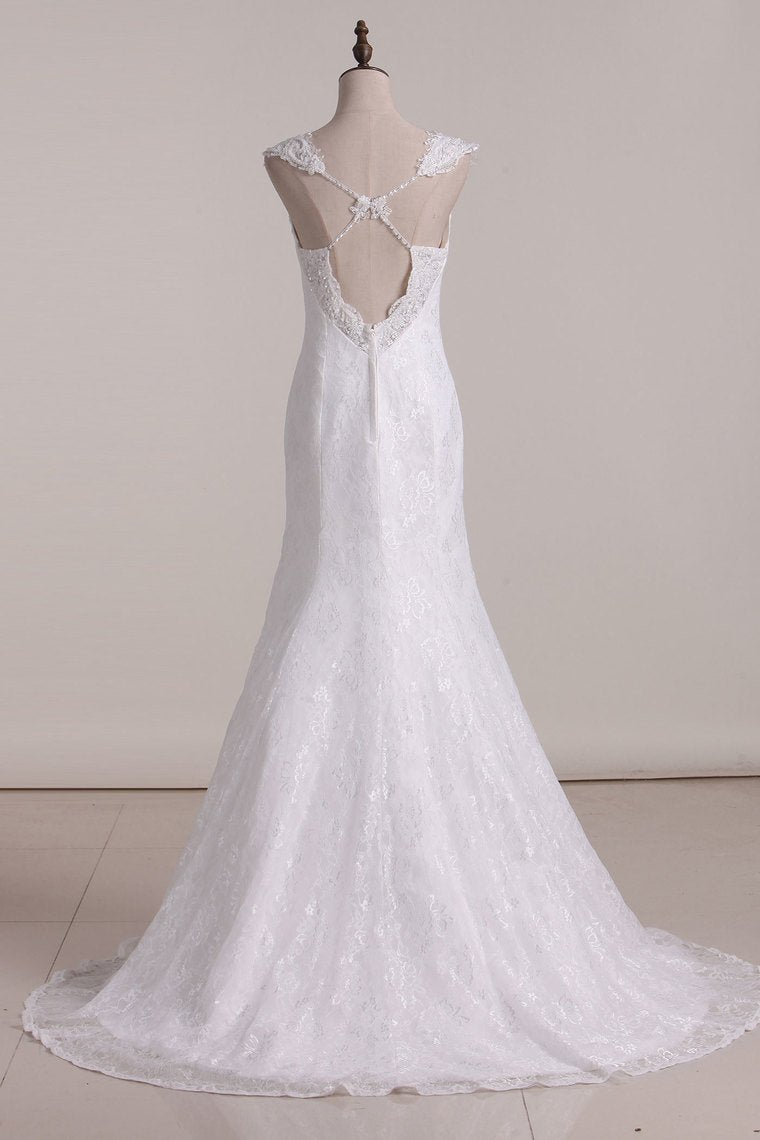 Lace V Neck Open Back Mermaid Wedding Dresses With Applique