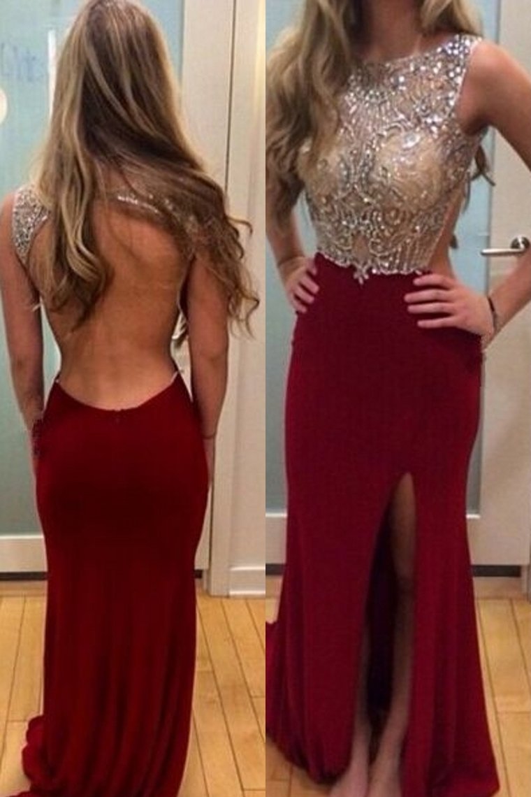 Scoop Beaded Bodice Prom Dresses Spandex With Beading Backless
