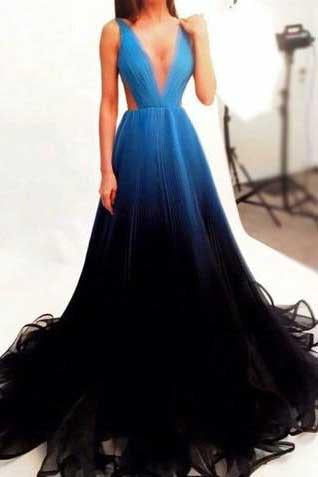 2024 New Style Black V-Neck New Arrival Long Gradient Color Tulle Long Prom Dresses WK829
