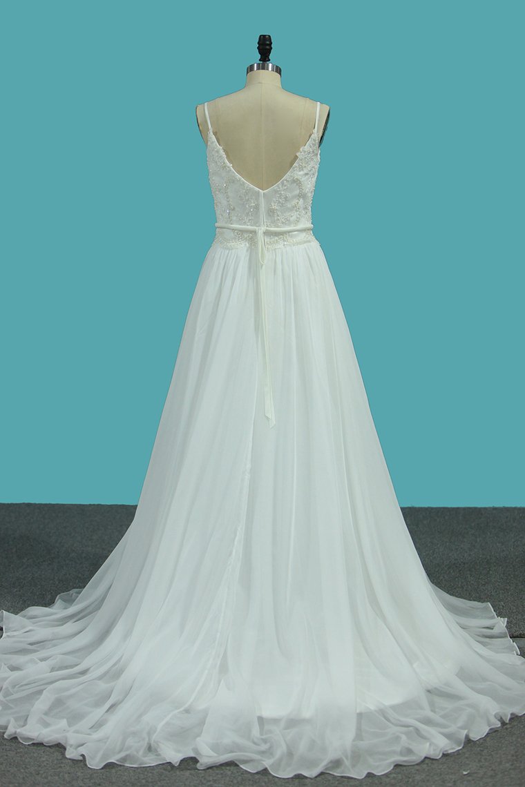A Line Spaghetti Straps Chiffon Wedding Dresses With Applique