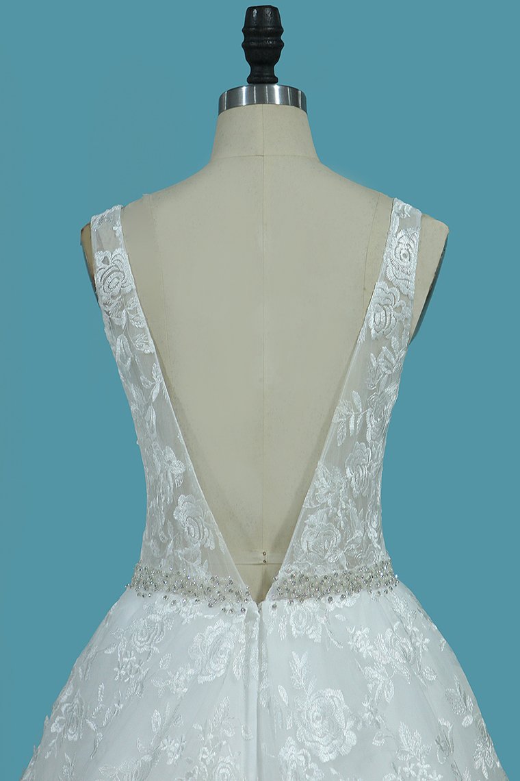 Straps Lace Wedding Dresses A Line With Beaded Waistline Open Back