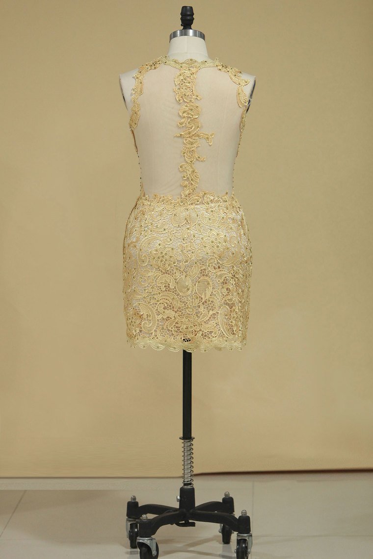 Scoop With Applique Sheath Prom Dresses Lace Short/Mini