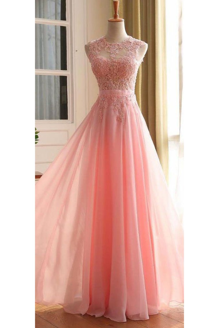A Line Scoop With Applique Prom Dresses Chiffon Floor Length
