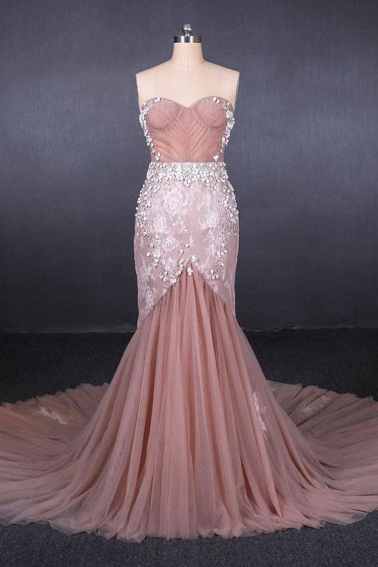 Gorgeous Sweetheart Mermaid Tulle Prom Dress, Long Evening Dresses