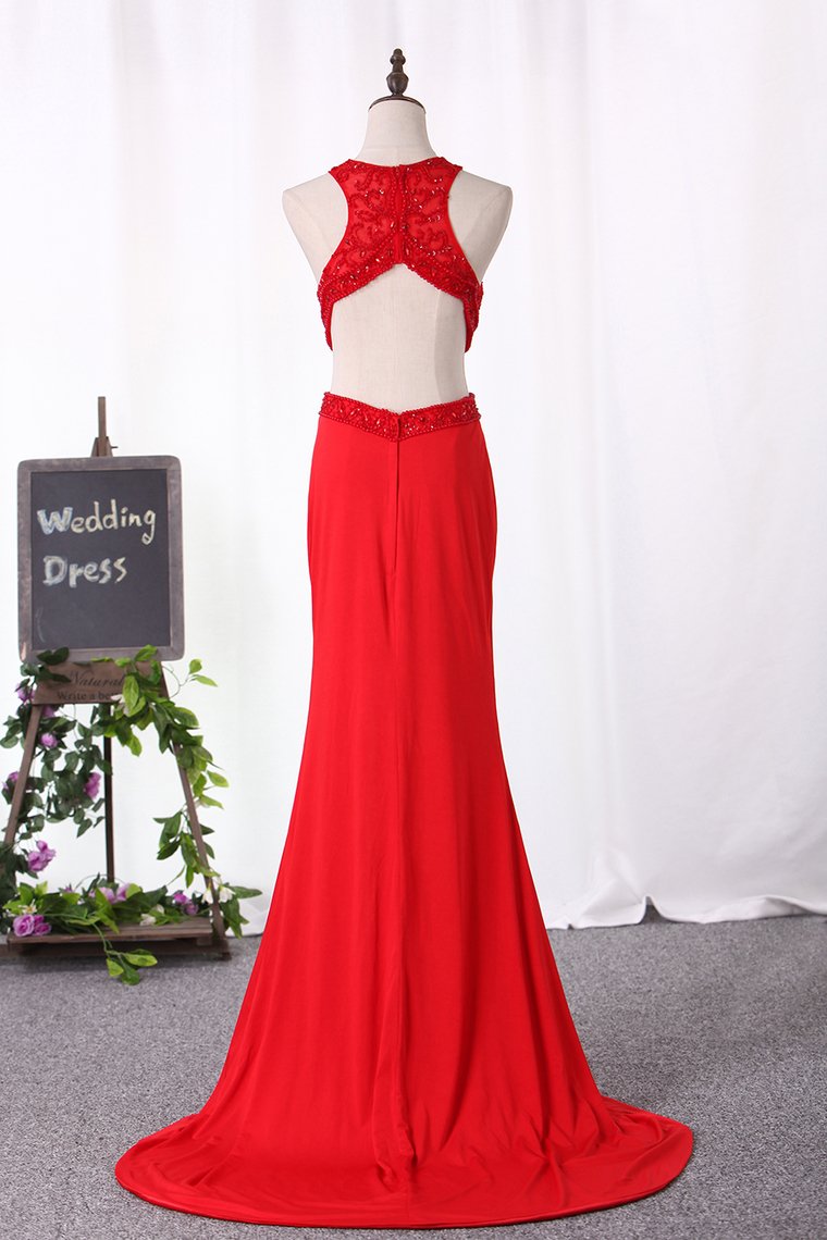 Prom Dresses Mermaid Scoop Open Back Spandex With Embroidery