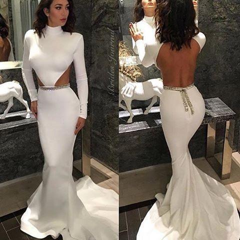 White High Neck Mermaid Long Sleeve Hollow Waist Backless Saudi Arabia Prom Dresses WK165
