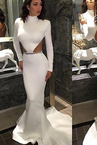 White High Neck Mermaid Long Sleeve Hollow Waist Backless Saudi Arabia Prom Dresses WK165