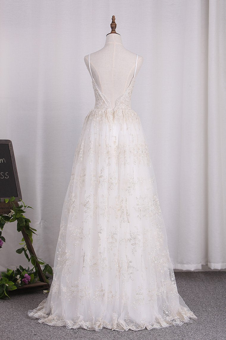 New Arrival Spaghetti Straps A Line Lace Wedding Dresses Open Back