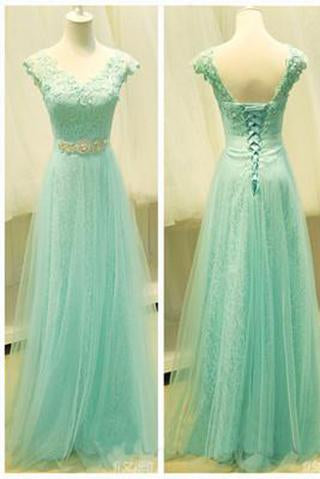 Mint Lace Cap Sleeve Sweetheart Lace up A-Line Tulle Green Floor-Length Prom Dresses WK57