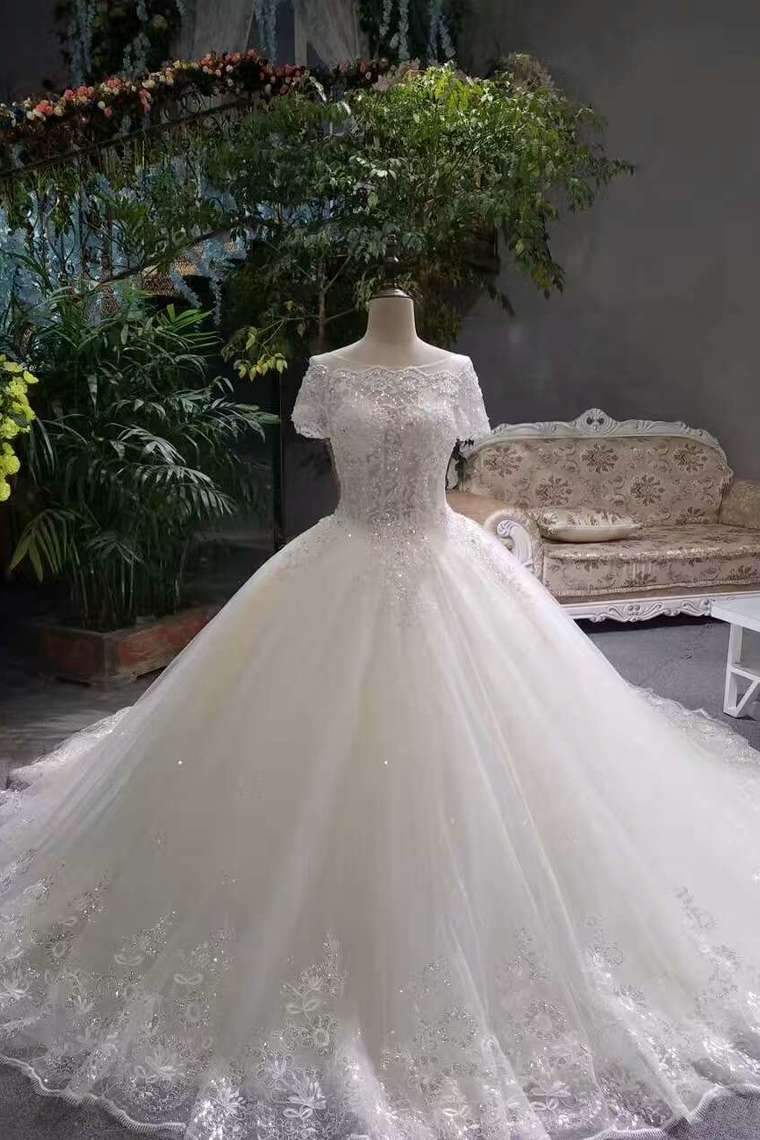 Hot Selling Cheap Price Tulle Scoop Neck Wedding Dresses Lace Up With Appliques And Crystals